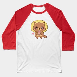 Cute Tanuki With Straw Hat Loves Bubble Tea Baseball T-Shirt